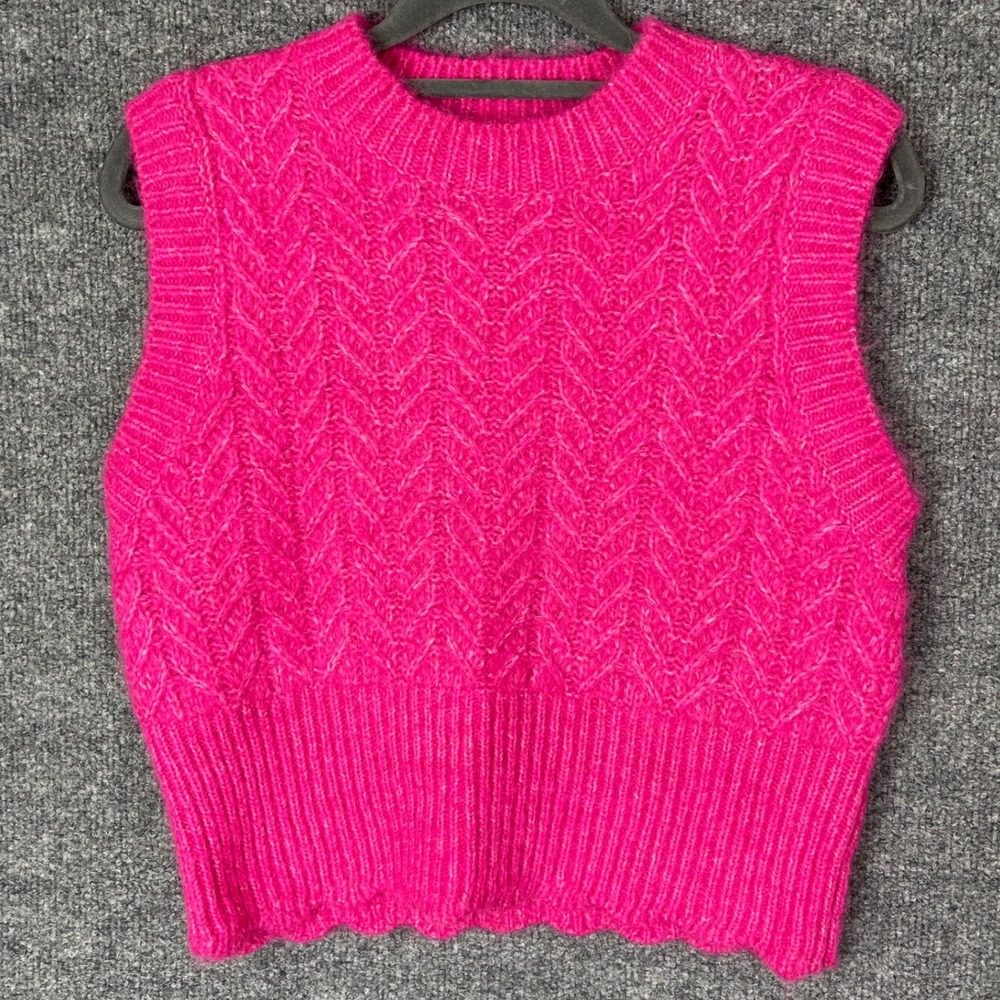 NEW Zara Sweater Vest Womens S Pink New Cable Knit Alpaca Wool Blend Sleeveless